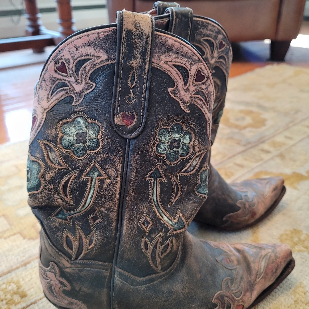 Sundance Brown Pink Blue Cowgirl Boots Sz 9 - Picture 5 of 6